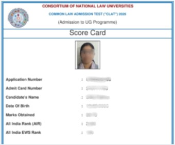 CLAT law entrance exam score card, personal details redacted for privacy